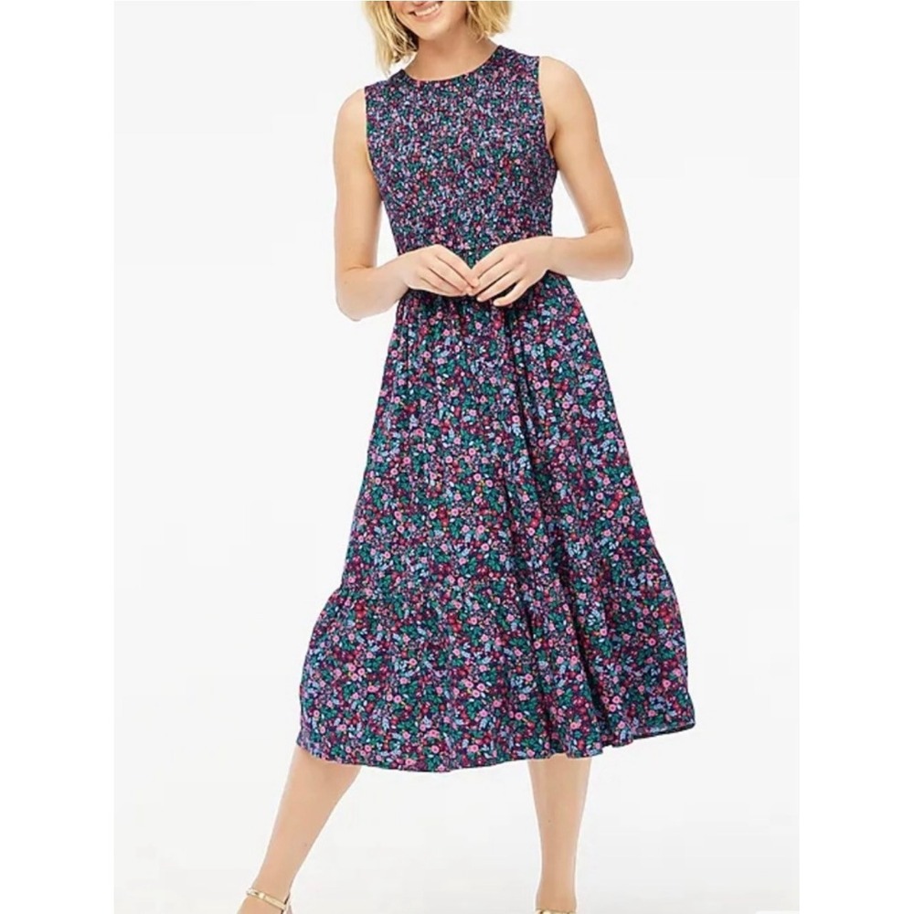 J.Crew Factory Smocked Ditsy Floral Midi Dress Navy Pink Blue FA24 Womens Small